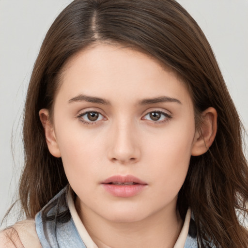 Neutral white young-adult female with long  brown hair and brown eyes