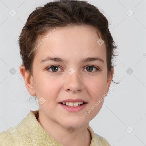 Joyful white child female with medium  brown hair and brown eyes