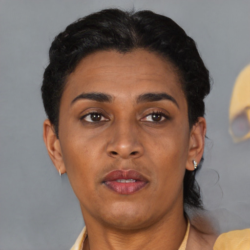 Neutral asian adult female with short  brown hair and brown eyes