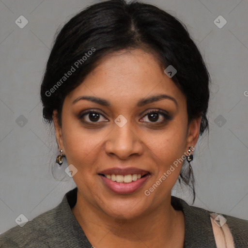 Joyful latino young-adult female with medium  black hair and brown eyes