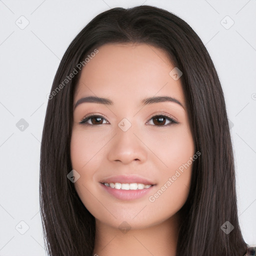 Joyful white young-adult female with long  black hair and brown eyes