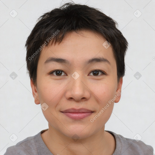 Joyful asian young-adult female with short  brown hair and brown eyes