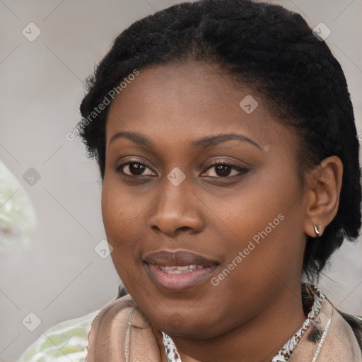 Joyful latino young-adult female with short  black hair and brown eyes