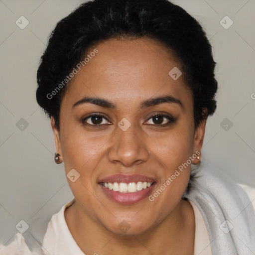 Joyful latino young-adult female with short  brown hair and brown eyes