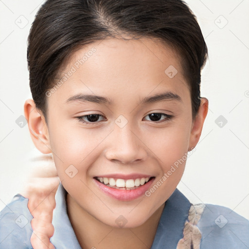 Joyful white child female with short  brown hair and brown eyes