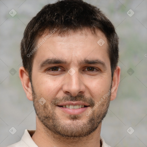 Joyful white adult male with short  brown hair and brown eyes