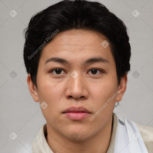 Neutral asian young-adult female with short  brown hair and brown eyes