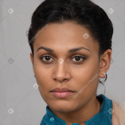 Neutral black young-adult female with short  brown hair and brown eyes