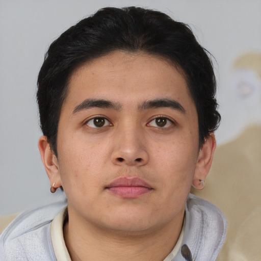 Neutral asian young-adult male with short  brown hair and brown eyes