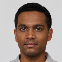 Neutral black young-adult male with short  black hair and brown eyes