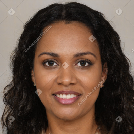 Joyful black young-adult female with long  brown hair and brown eyes