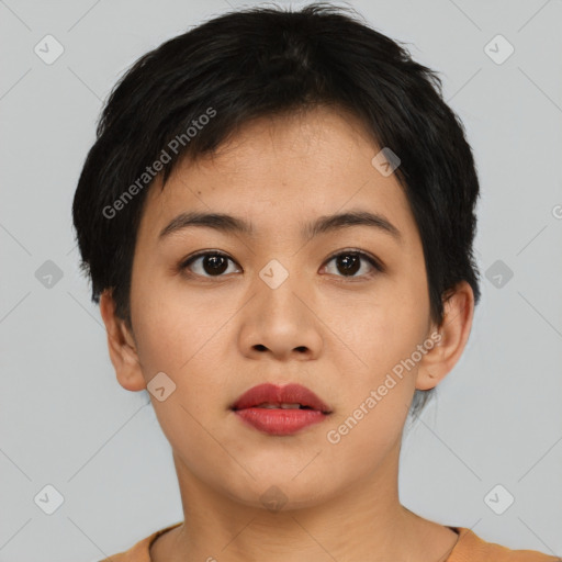 Neutral asian young-adult female with short  black hair and brown eyes