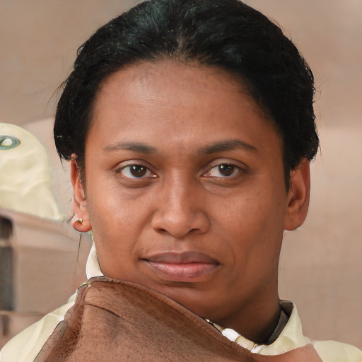 Neutral white adult female with short  brown hair and brown eyes