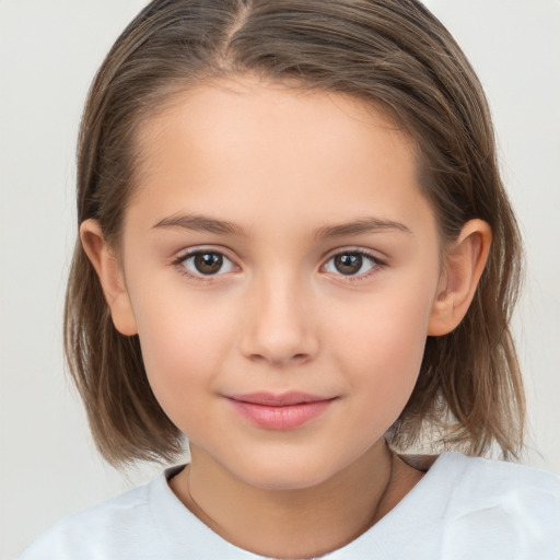 Joyful white child female with medium  brown hair and brown eyes