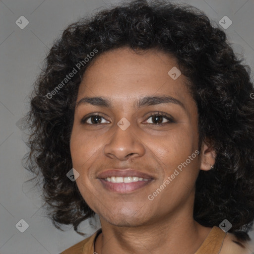 Joyful black young-adult female with medium  brown hair and brown eyes