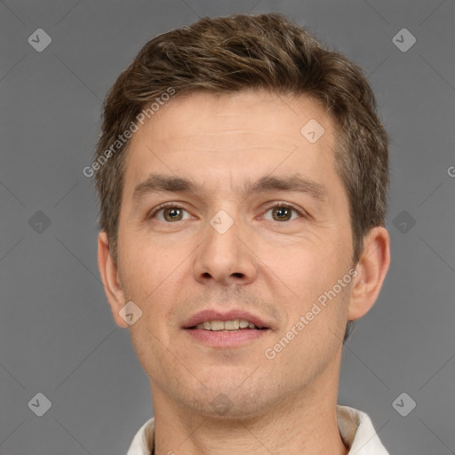 Neutral white adult male with short  brown hair and brown eyes