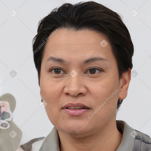 Joyful white adult female with short  brown hair and brown eyes