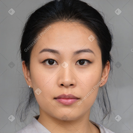 Neutral asian young-adult female with medium  brown hair and brown eyes