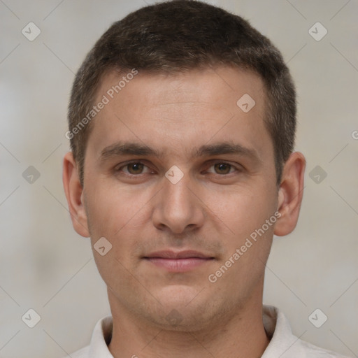 Neutral white young-adult male with short  brown hair and brown eyes