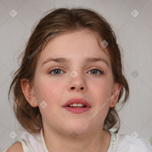 Joyful white child female with medium  brown hair and blue eyes