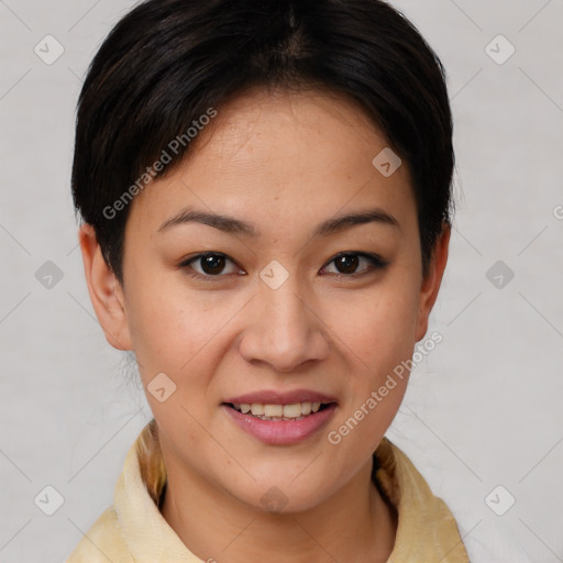 Joyful white young-adult female with short  brown hair and brown eyes