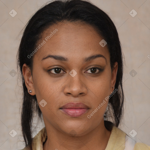 Joyful latino young-adult female with medium  brown hair and brown eyes