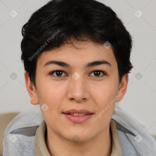 Joyful asian young-adult female with short  brown hair and brown eyes