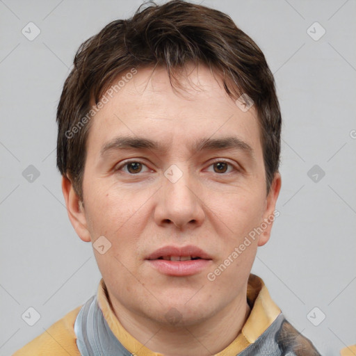 Neutral white young-adult male with short  brown hair and brown eyes