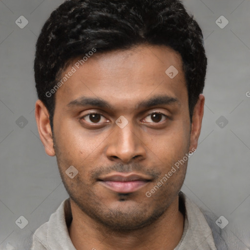 Neutral latino young-adult male with short  brown hair and brown eyes