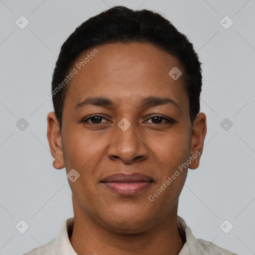 Joyful latino young-adult female with short  black hair and brown eyes