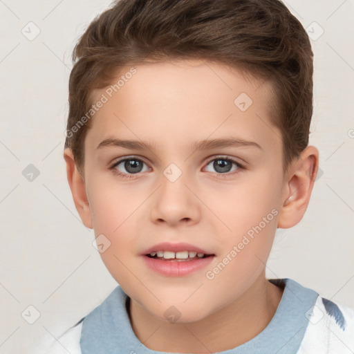 Joyful white child male with short  brown hair and brown eyes