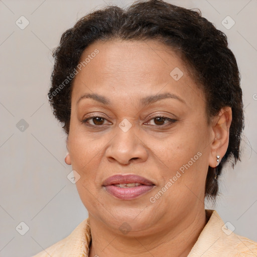 Joyful white adult female with short  brown hair and brown eyes