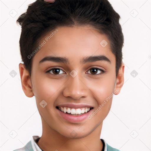 Joyful latino young-adult female with short  brown hair and brown eyes