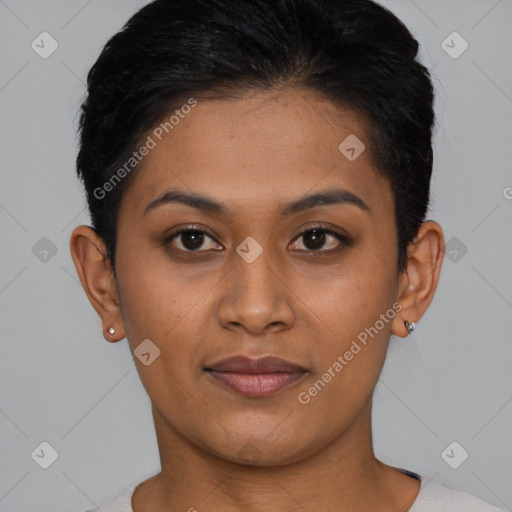Joyful asian young-adult female with short  brown hair and brown eyes