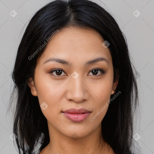 Joyful latino young-adult female with medium  black hair and brown eyes