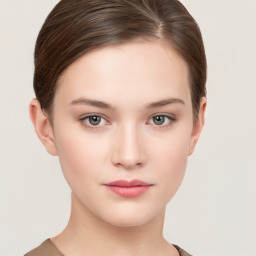 Neutral white young-adult female with short  brown hair and brown eyes