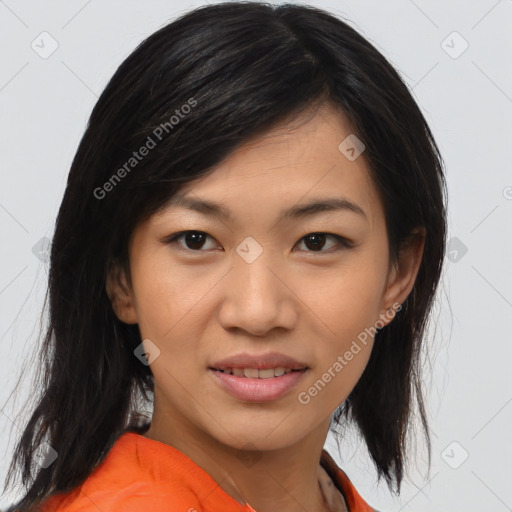 Joyful asian young-adult female with medium  black hair and brown eyes