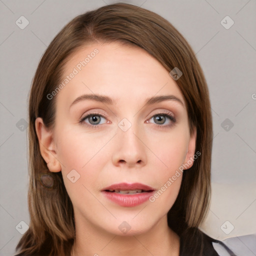 Neutral white young-adult female with long  brown hair and grey eyes