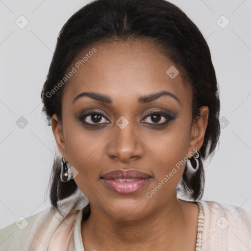 Joyful black young-adult female with medium  brown hair and brown eyes