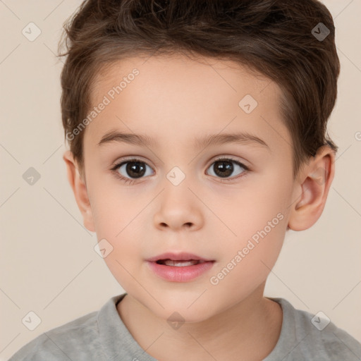 Joyful white child female with short  brown hair and brown eyes