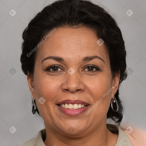 Joyful white adult female with short  brown hair and brown eyes