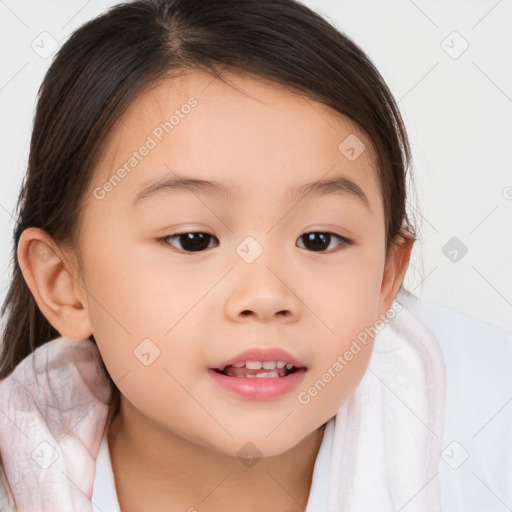 Joyful white child female with medium  brown hair and brown eyes