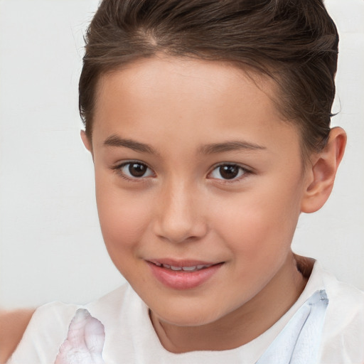 Joyful white child female with short  brown hair and brown eyes