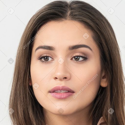 Neutral white young-adult female with long  brown hair and brown eyes