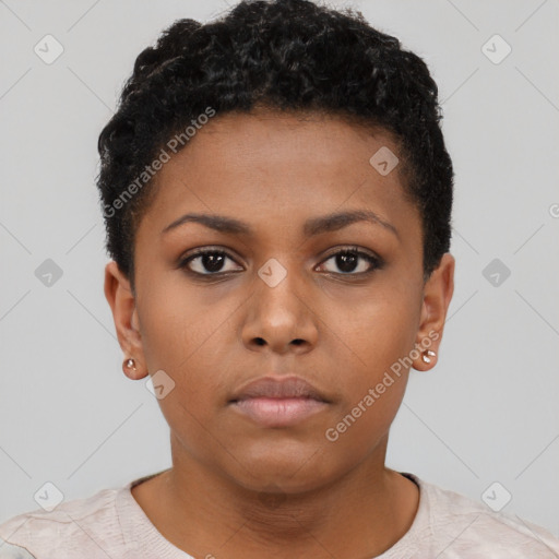 Neutral black young-adult female with short  brown hair and brown eyes