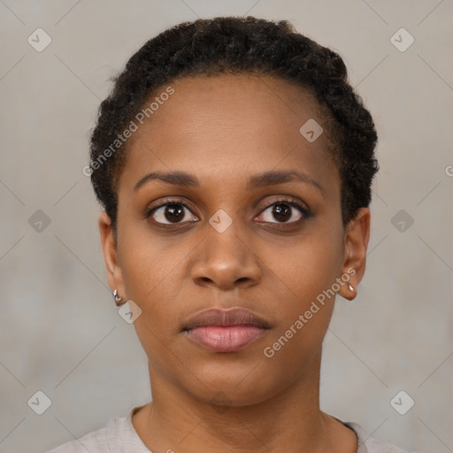 Neutral black young-adult female with short  brown hair and brown eyes