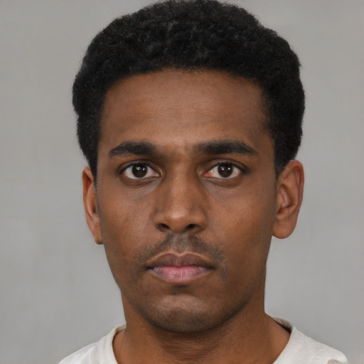 Neutral black young-adult male with short  black hair and brown eyes
