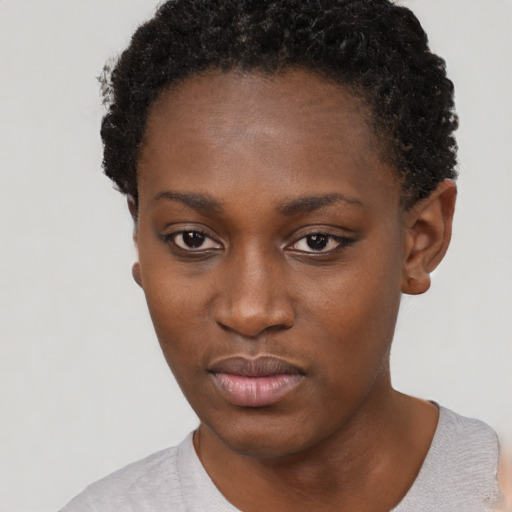 Neutral black young-adult female with short  black hair and brown eyes