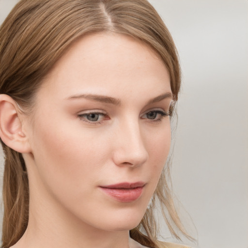 Neutral white young-adult female with medium  brown hair and grey eyes