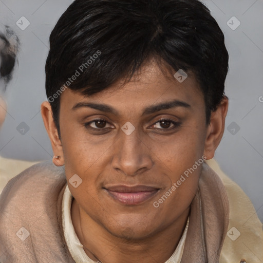 Joyful asian young-adult female with short  brown hair and brown eyes